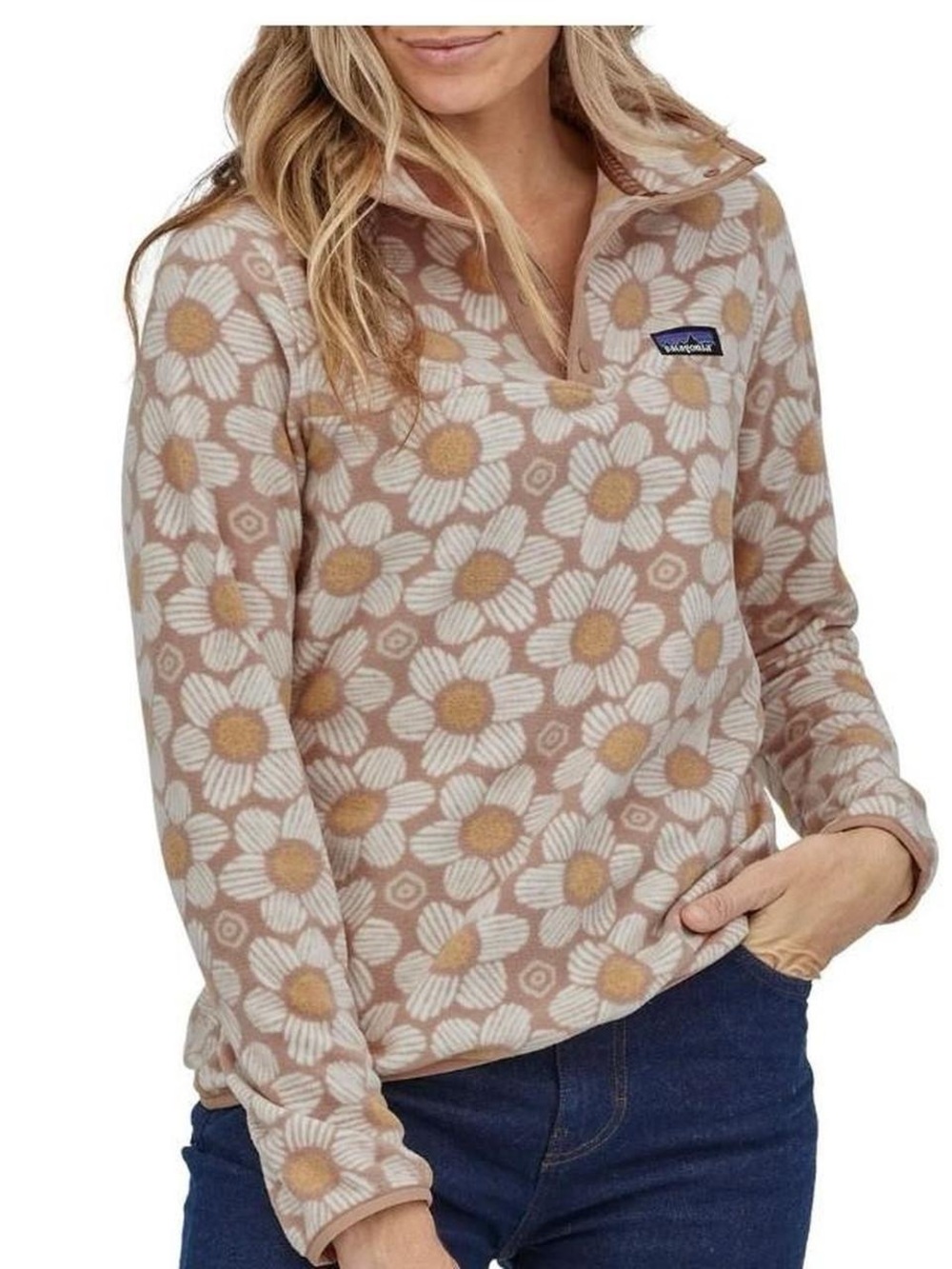 Patagonia Beige and White Daisy Half-Zip Fleece Pullover